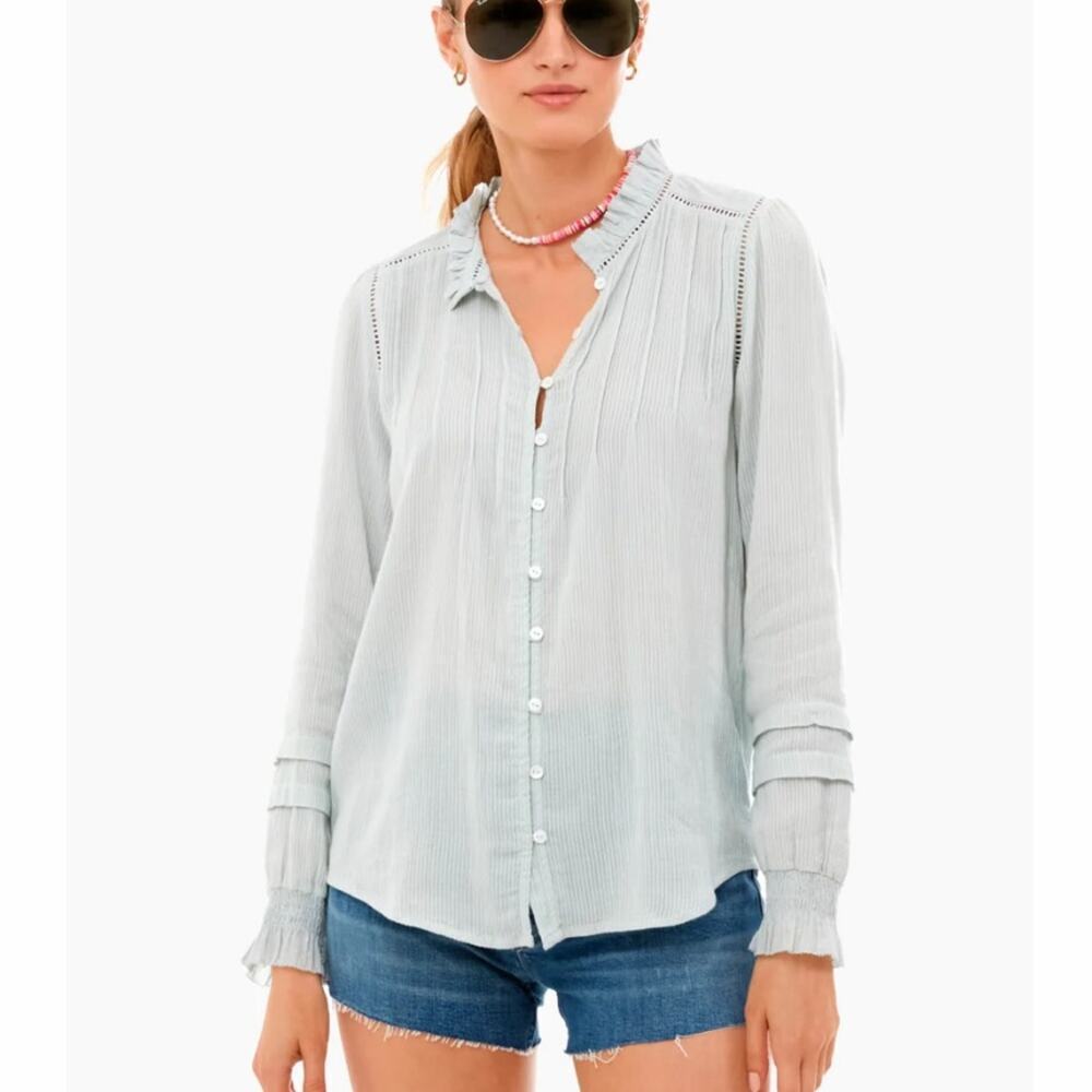 FAHERTY Romantic Ruffle Peasant Long Sleeve Cotton Willa Top Sage Green Size XS